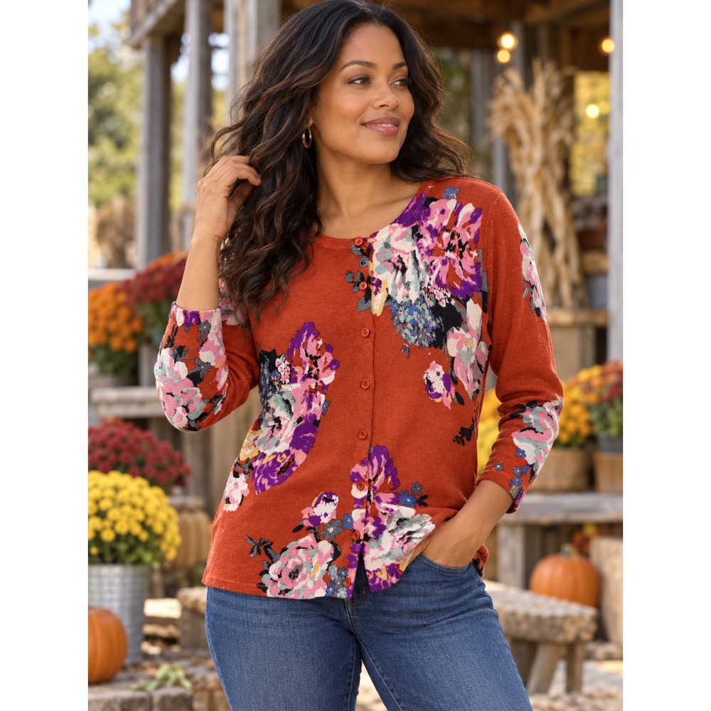 Garnet Hill 100% Merino Wool Button Front Cardigan Size M Burnt Orange Floral